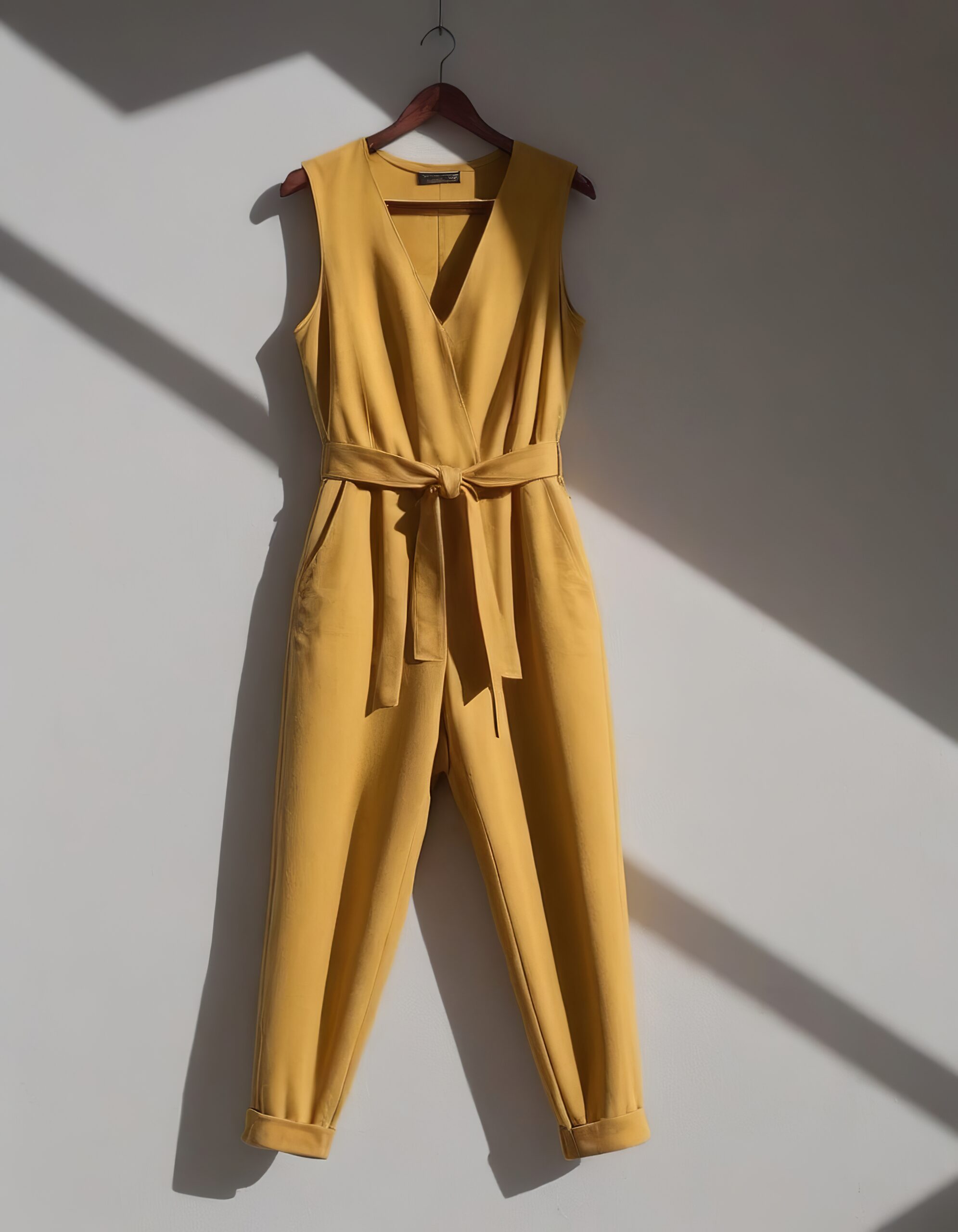 Stylish yellow jumpsuit with a belted waist illuminated by soft natural light altered by K&K Couture