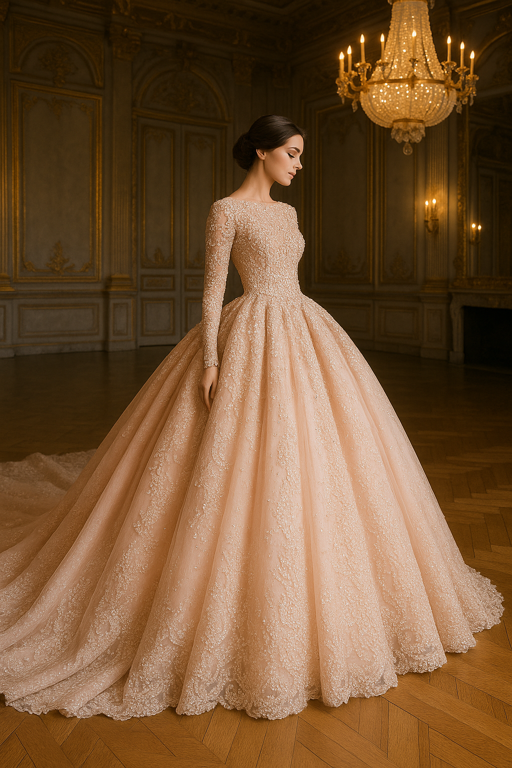 Extravagant bespoke ball gown in soft blush pink, heavy guipure lace overlay on bodice and sleeves, full princess ball skirt with long cathedral train, intricate pearl and crystal detailing, worn by graceful model, made by k&k couture