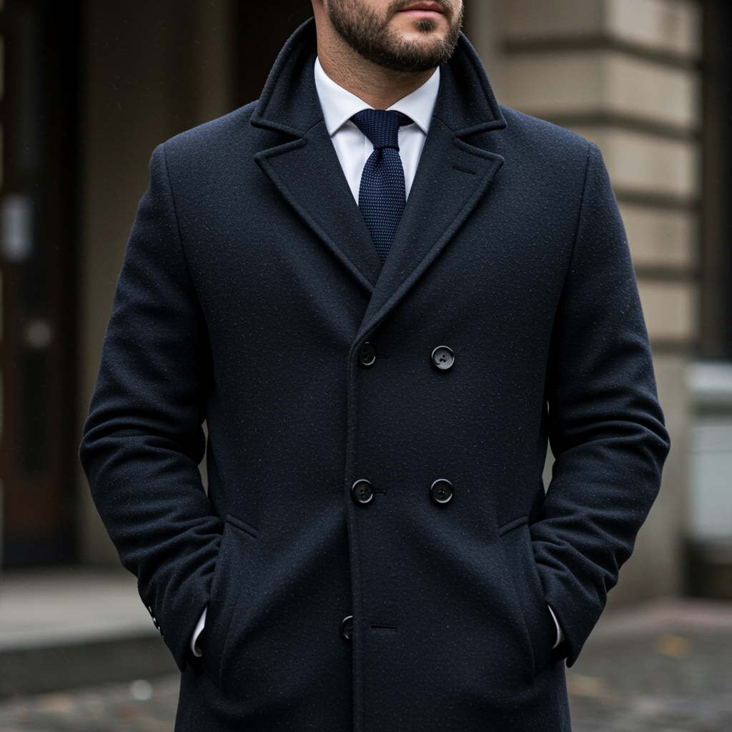 a man in a black bespoke overcoat with four black buttons, close up, white shirt and tie under it