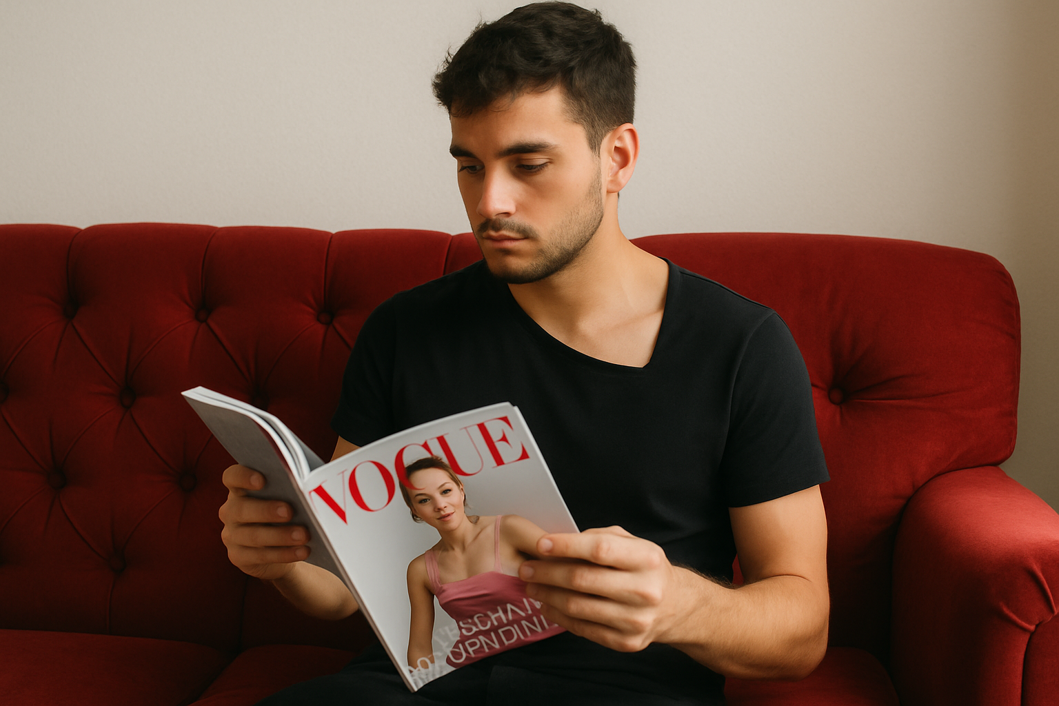 a guy in a black t-shirt asymmetrical and printless is sitting in red sofa and reading vogue journal