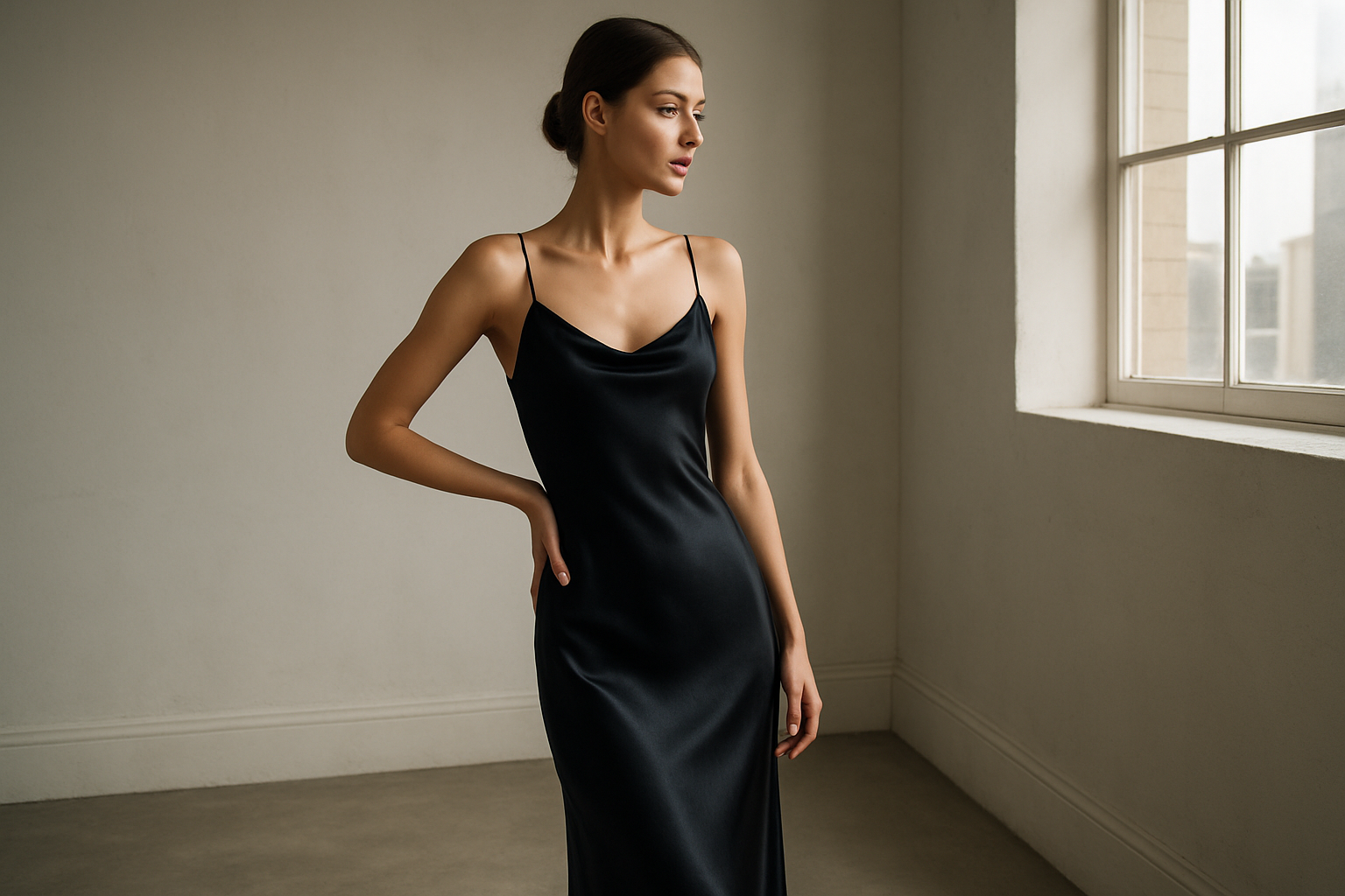 Luxury silk slip dress in deep midnight black, minimalist elegant design with thin spaghetti straps, subtle bias cut, soft sheen fabric, worn by a graceful slim female model standing in a modern minimalist London studio with soft natural window light, three-quarter view, sophisticated pose with one hand on hip