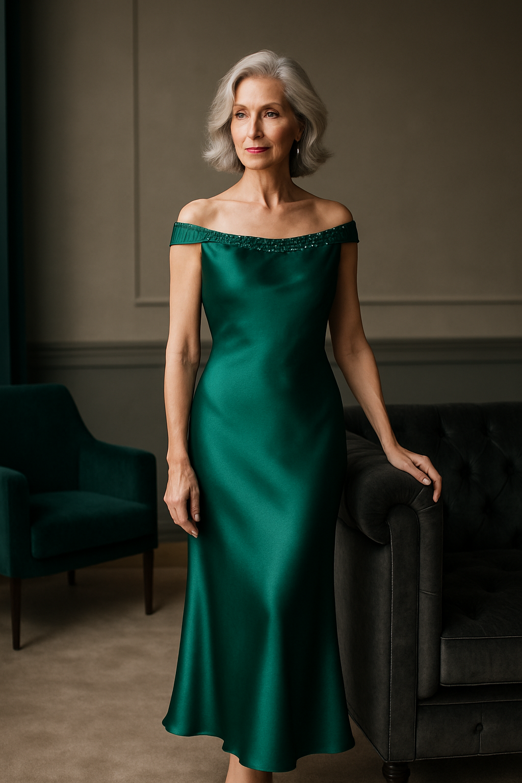 Regal emerald green silk mother of the bride dress, bias-cut silhouette for beautiful drape, subtle embellished neckline, sleeveless or off-shoulder, midi or ankle-length, worn by elegant mature model in relaxed sophisticated stance,