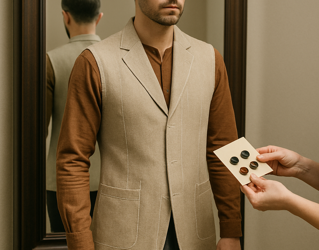 waistcoat long brown, you can see part of the tailor's hands with buttons in them