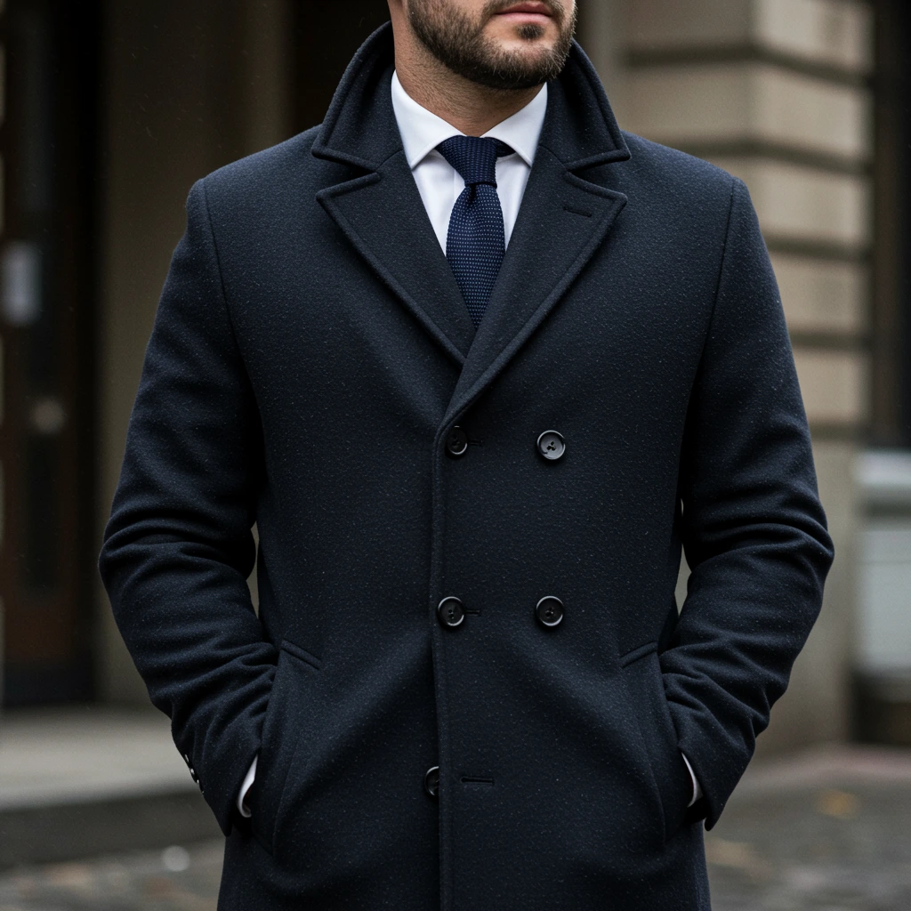 a man in a black bespoke overcoat with four black buttons, close up, white shirt and tie under it, made by K&K Couture