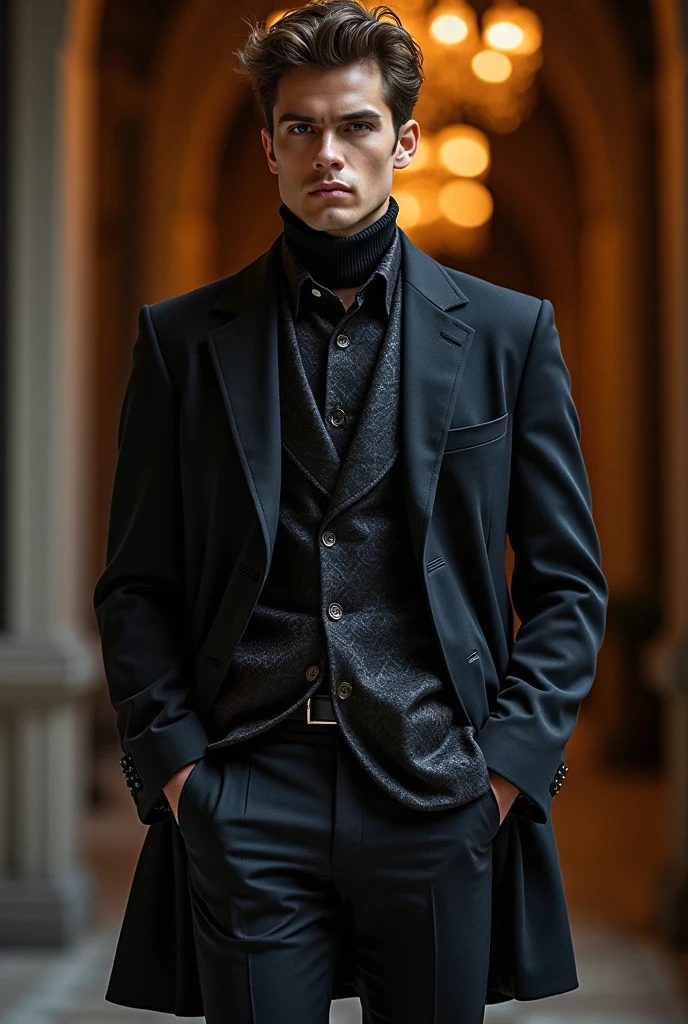 A man in a bespoke black trench jacket made by K&K Couture walking along the street
