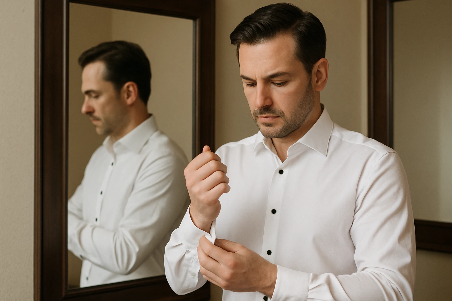 A man in a bespoke white shirt, checking his reflection in a studio mirror.