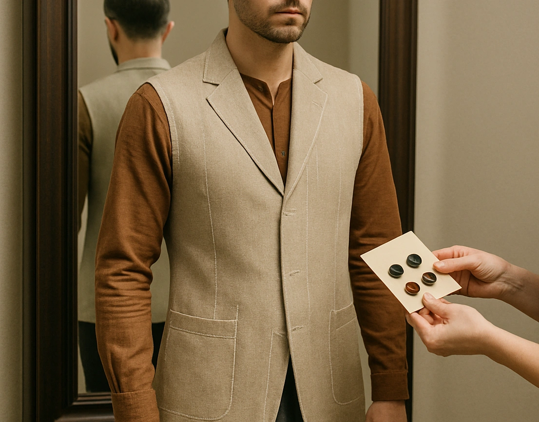 A long brown bespoke waistcoat with a tailor's hands holding buttons during the fitting process.