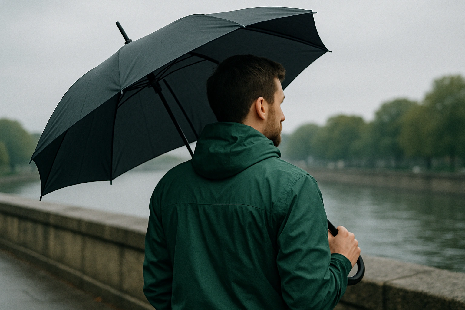 A man wearing a bespoke green windcheater, holding an umbrella by a river