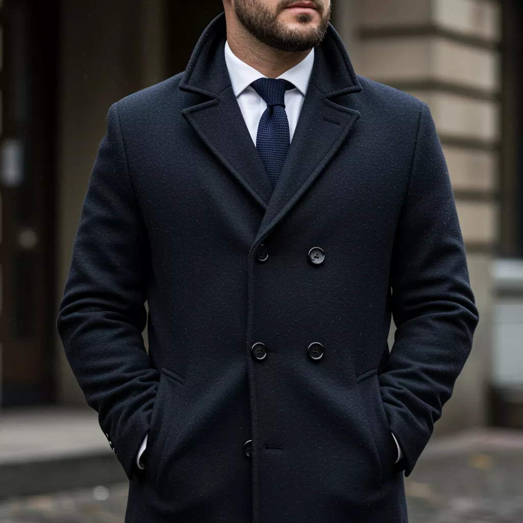 a man in a black bespoke overcoat with four black buttons, close up, white shirt and tie under it, made by K&K Couture