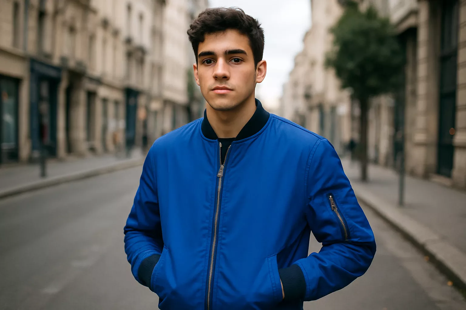 A man in a blue bespoke bomber jacket, short up, standing in a street made by K&K Couture