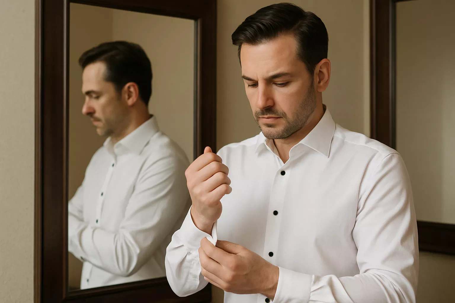 A man in a bespoke white shirt, checking his reflection in a studio mirror.