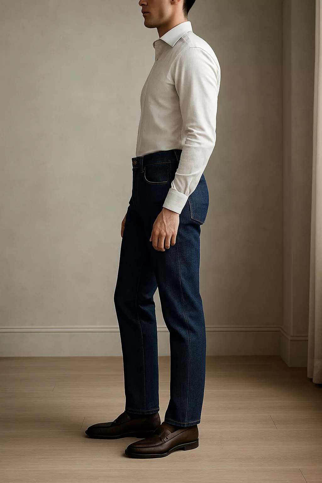A man wearing elegant bespoke deep indigo Japanese denim jeans-trousers, tailored in a contemporary slim fit.