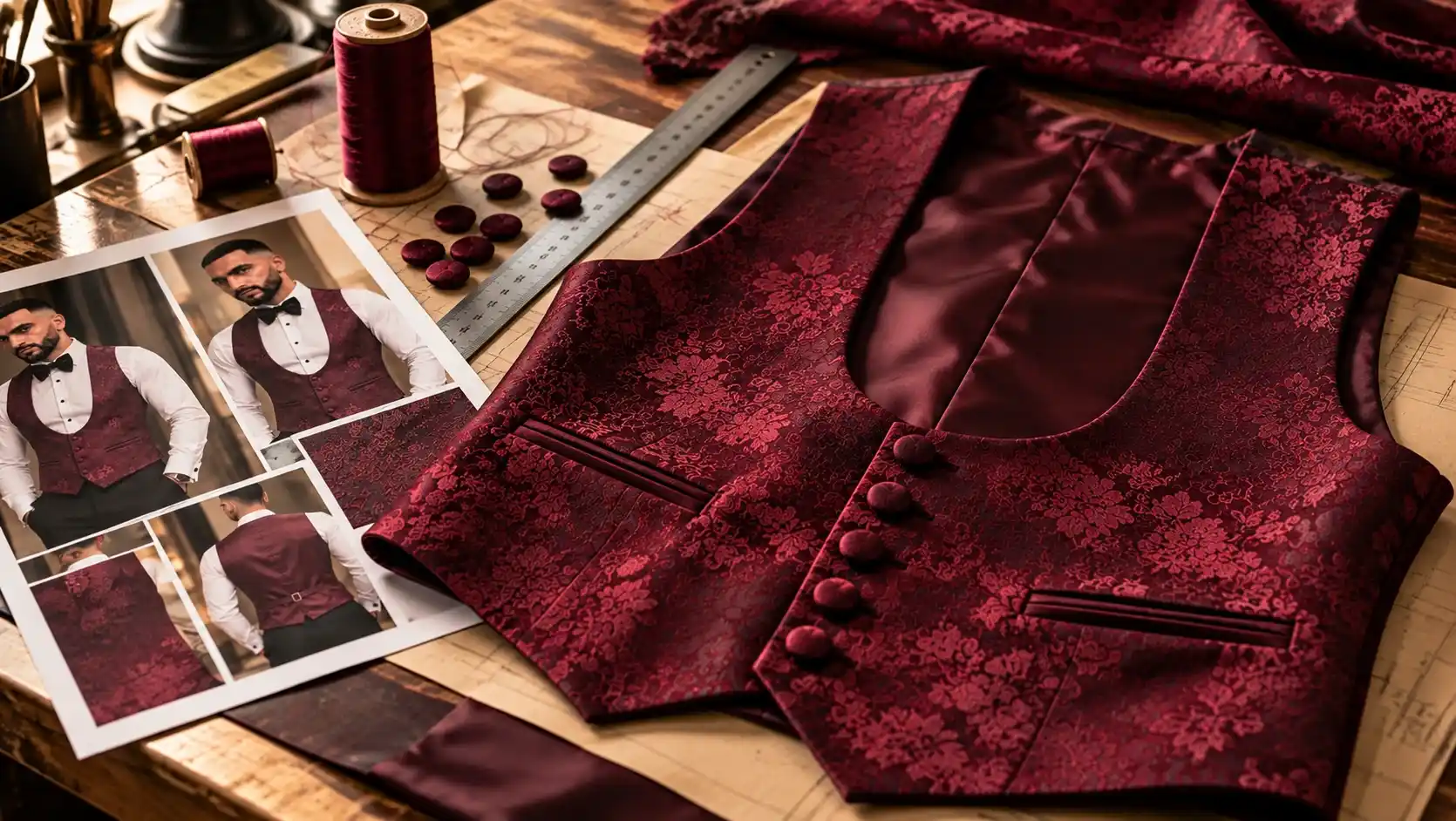 Bespoke waistcoats by K&K Couture displayed on a tailor's workbench in an atelier, featuring a luxurious deep burgundy floral brocade fabric with matching covered buttons. The waistcoat rests alongside reference photos of a groom wearing a similar style, a metal ruler, matching thread spools, and pattern paper, highlighting the custom tailoring process