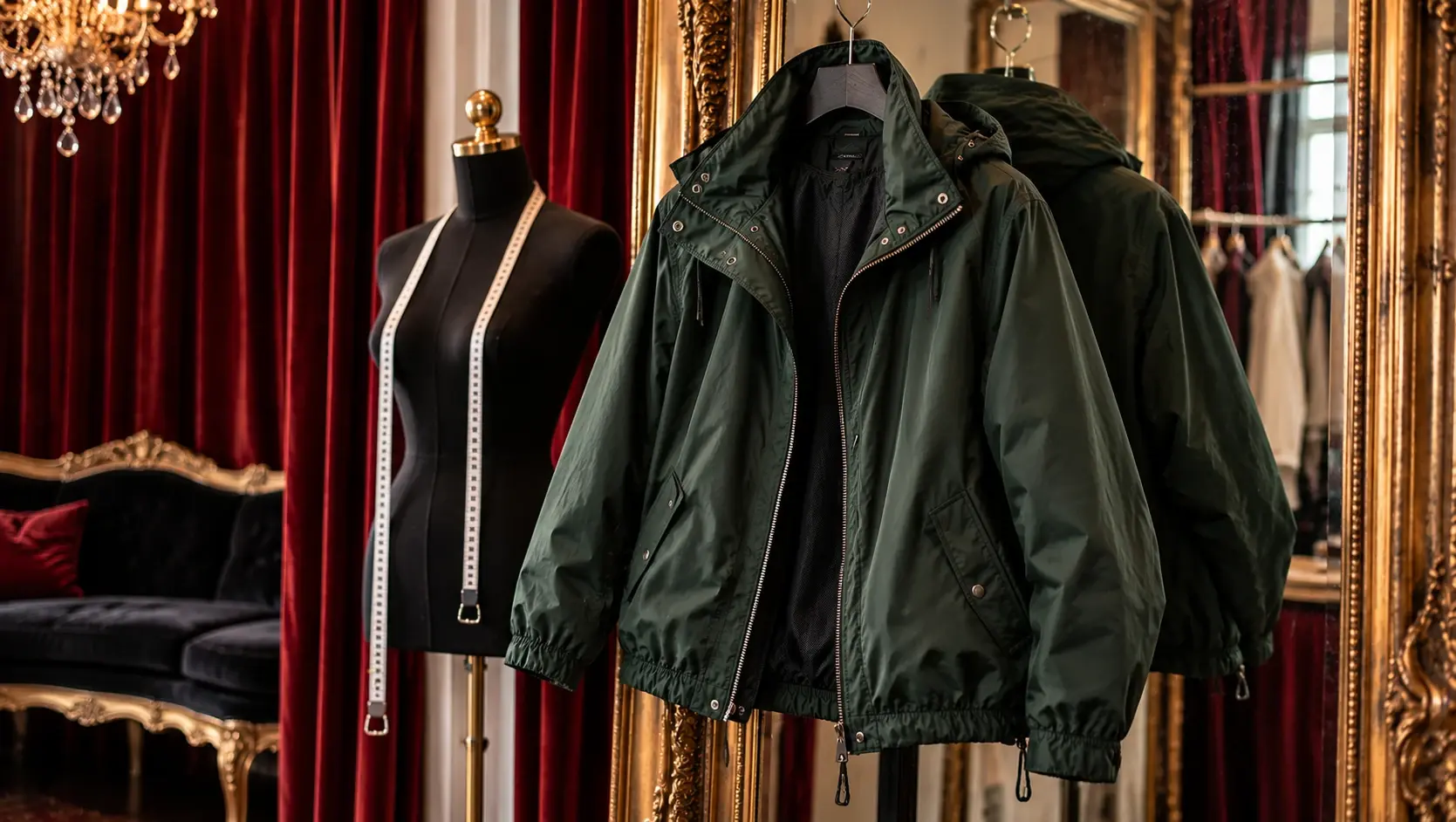 Bespoke windcheaters by K&K Couture displayed in a luxurious atelier, featuring a dark green hooded jacket with a zip front, silver hardware, and elasticated cuffs. The jacket hangs in front of an ornate gold mirror, rich red velvet curtains, and a dress form draped with a measuring tape