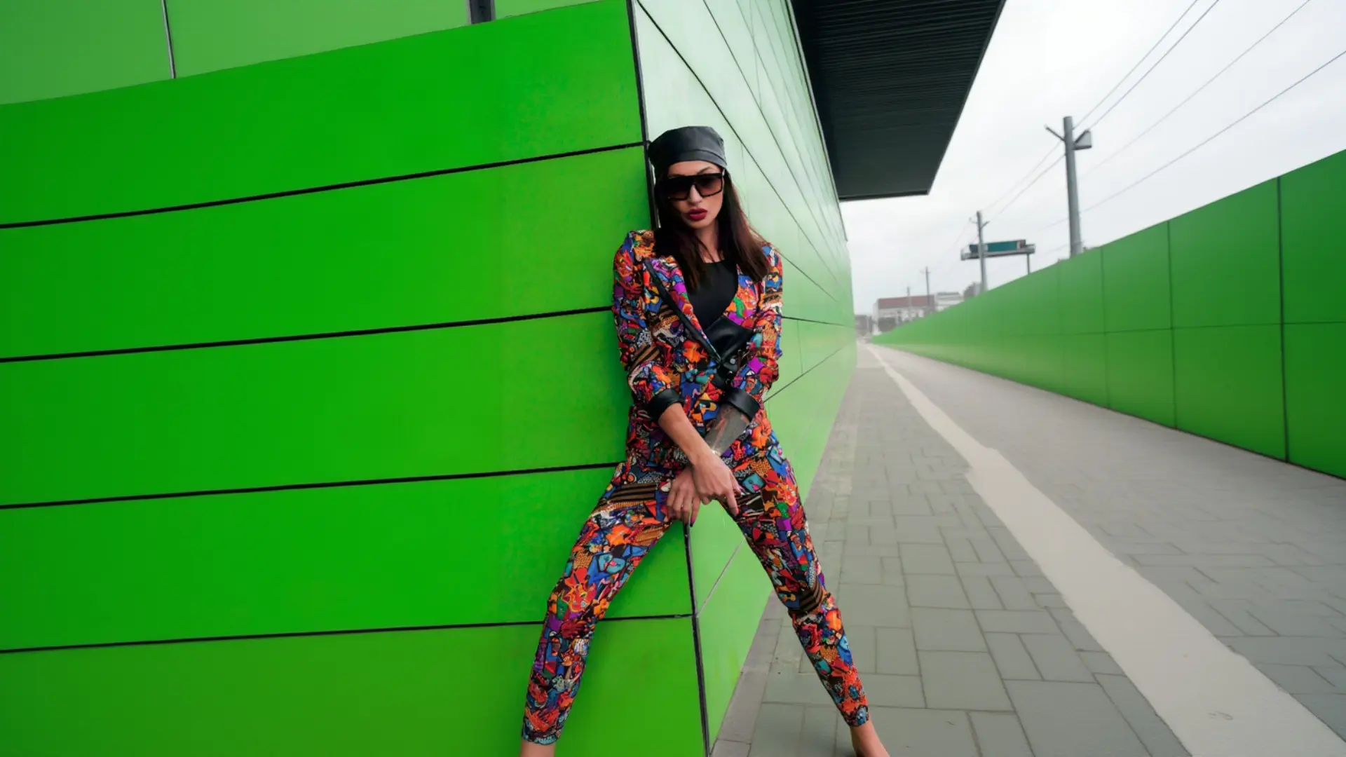 A woman with long dark hair, a black beret, and dark sunglasses leans confidently against a bright green corrugated wall, wearing a vibrant multi-coloured K&K Couture print blazer and matching trousers over a black top, with a red lip and a black crossbody bag