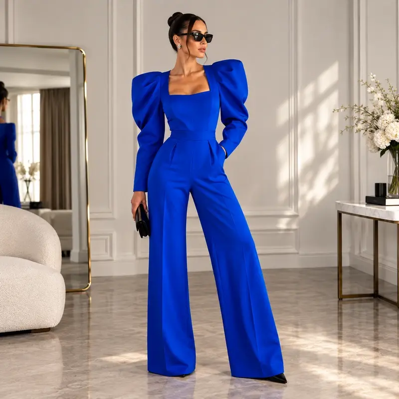 A woman with dark hair in a sleek bun and sunglasses poses in an elegant, sunlit room with white paneled walls and a gold-framed mirror. She is wearing a striking royal blue K&K Couture jumpsuit featuring dramatic, voluminous puff sleeves, a structured square neckline, a cinched waist, and flowing wide-leg trousers, paired with black pointed-toe heels and a small black clutch