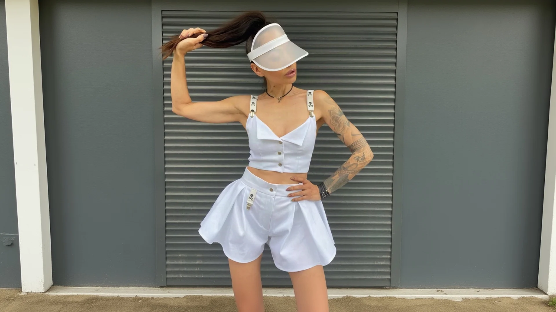 A woman with dark hair in a high ponytail and visible arm tattoos playfully holds her hair while posing in a white K&K Couture two-piece set, featuring a button-down crop top with studded shoulder straps and high-waisted flared shorts, paired with a white visor against a grey corrugated metal wall