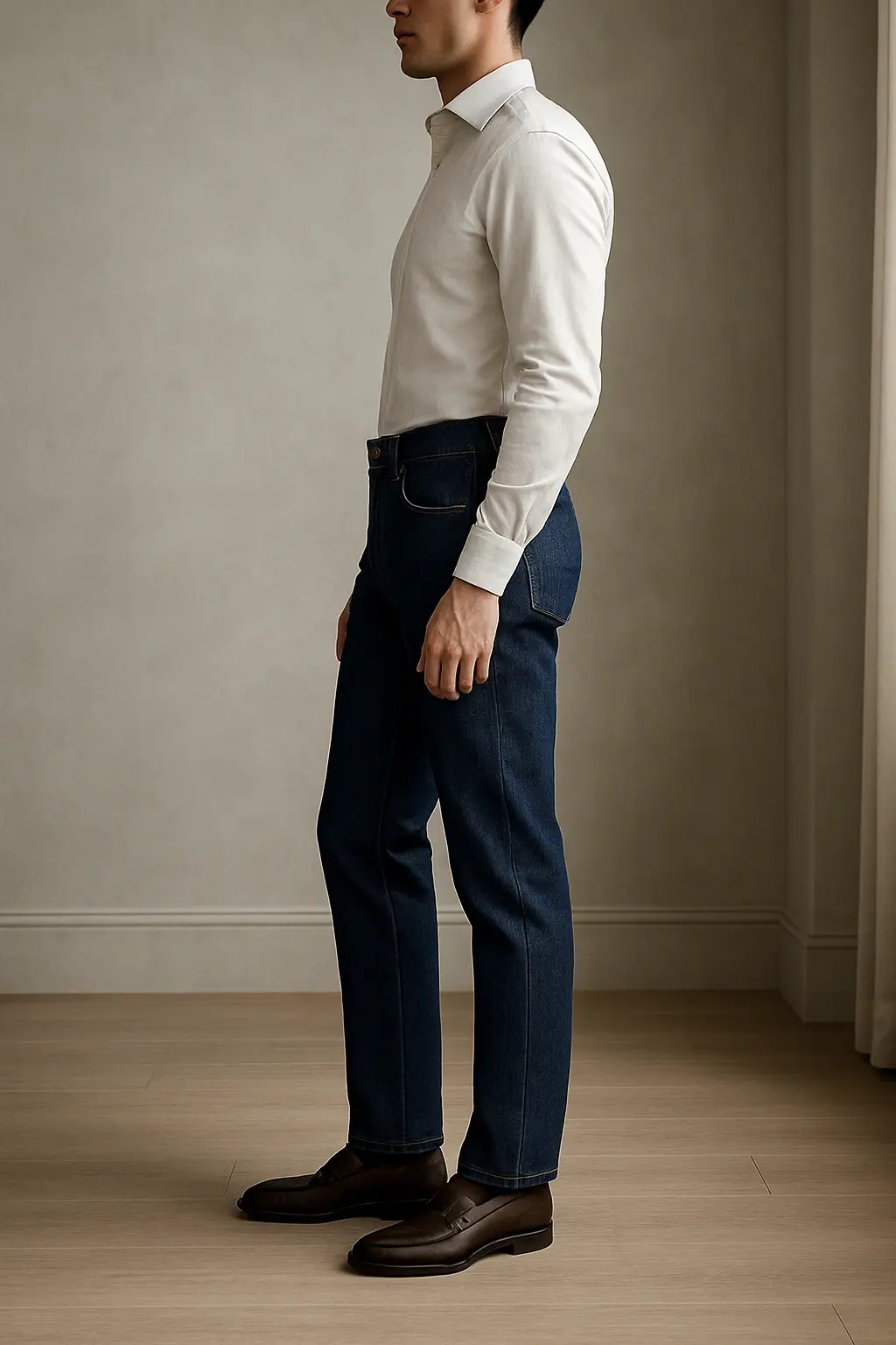 Bespoke Casual Trousers: A man wearing dark indigo tailored trousers and brown leather loafers.