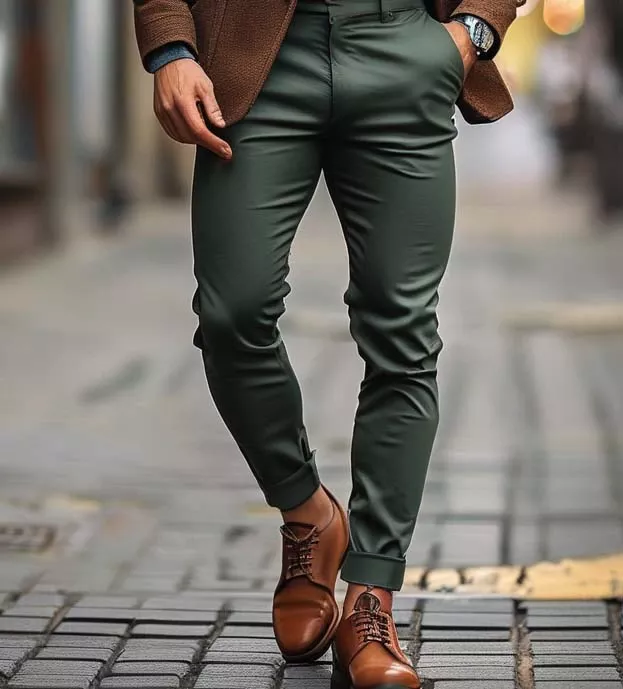 Bespoke trousers: A man wearing tailored dark green trousers, a brown jacket, and brown leather shoes.