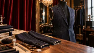 Suit Alterations in progress: A dark pinstripe suit jacket with visible basting stitches on a dress form in the K&K Couture atelier.