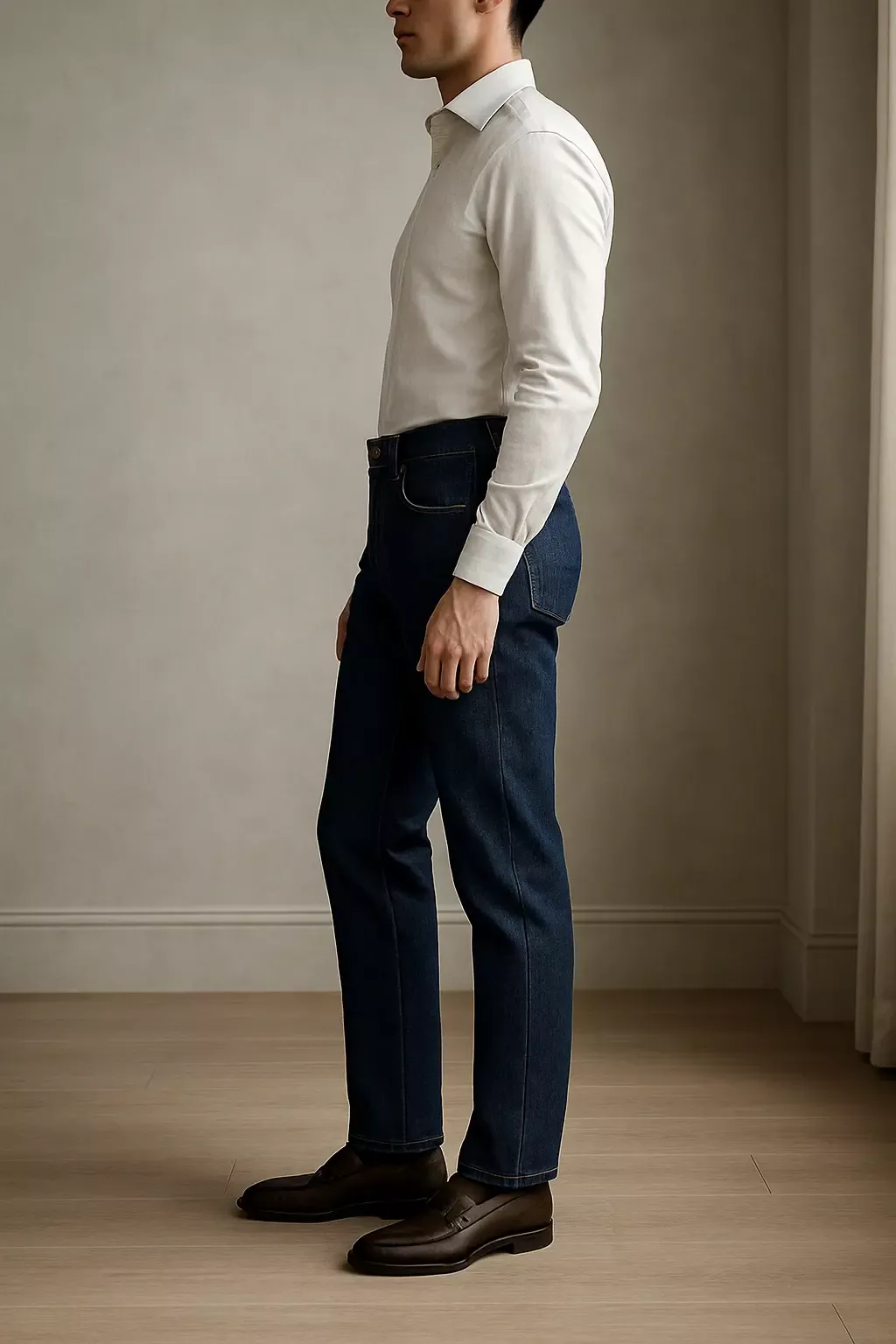 Bespoke Casual Trousers: A man wearing dark indigo tailored trousers and brown leather loafers.